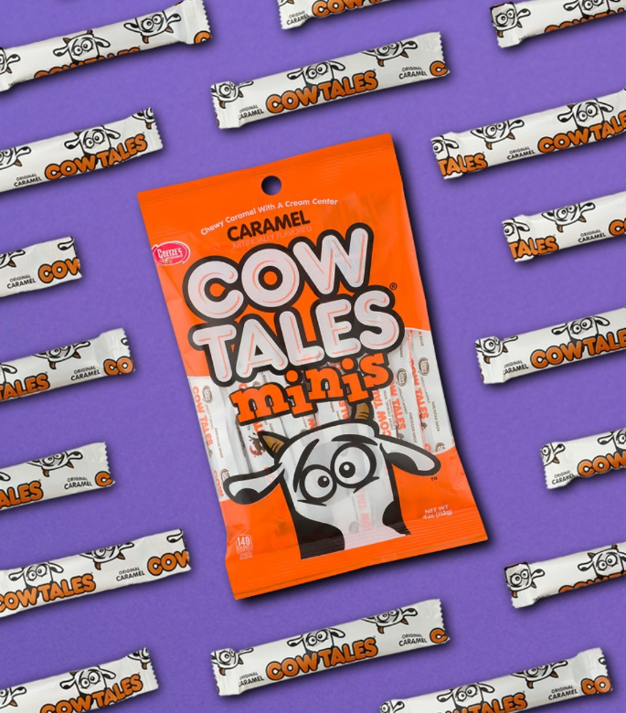 Caramel Cow Tales Minis on a purple background framed by Cow Tales