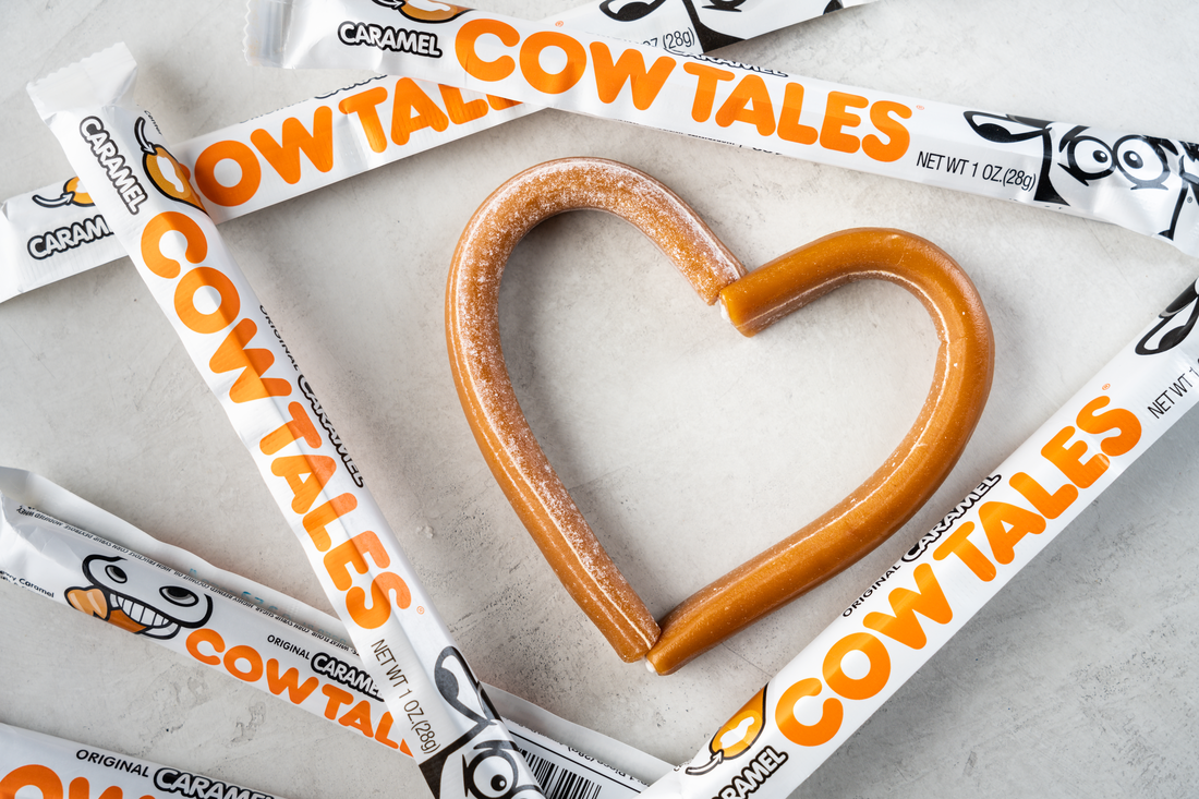 A heart made out of Cow Tales with wrapped Cow Tales around it.