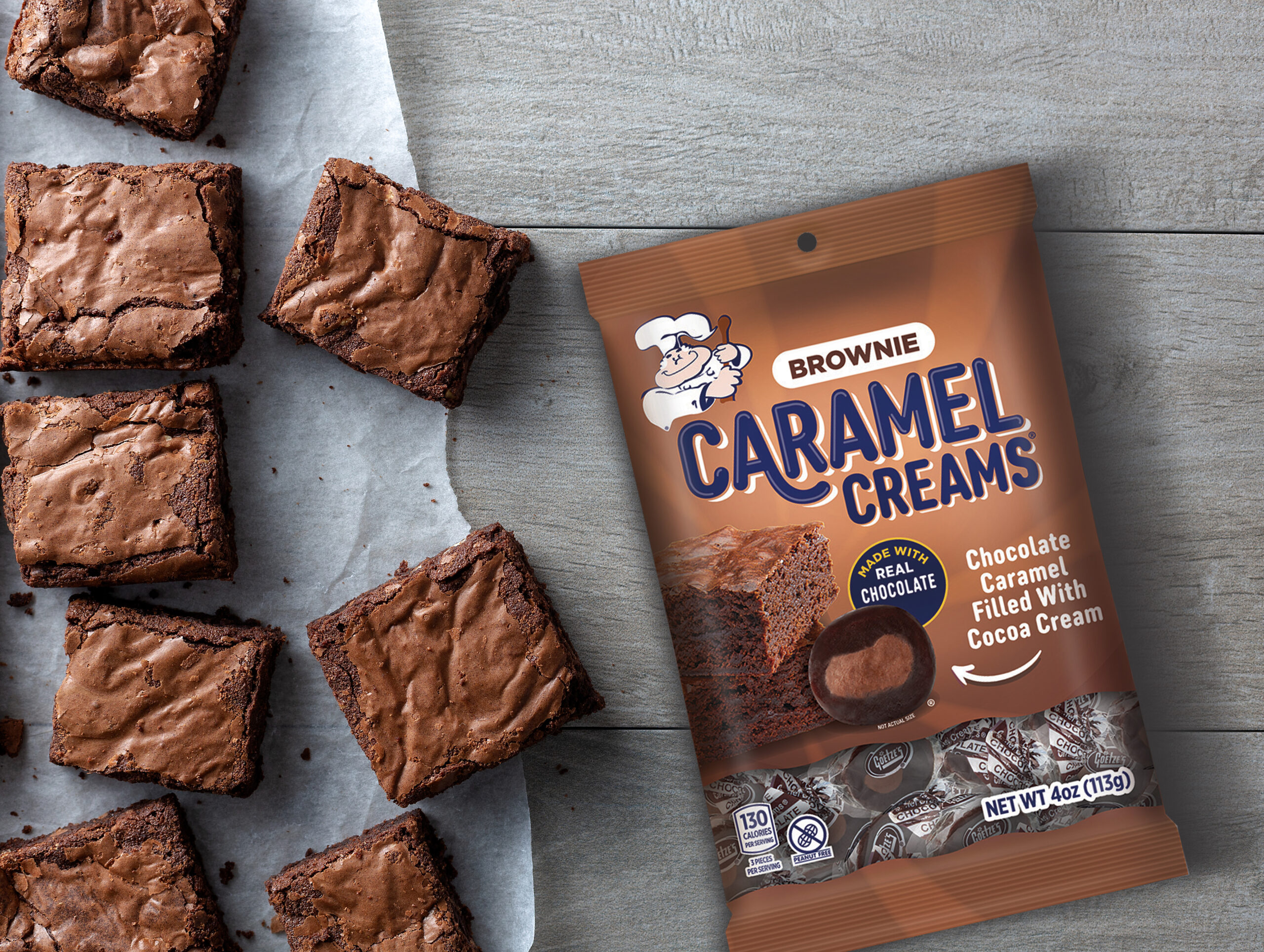 freshly baked Chocolate brownies with a bag of Brownie Caramel Creams