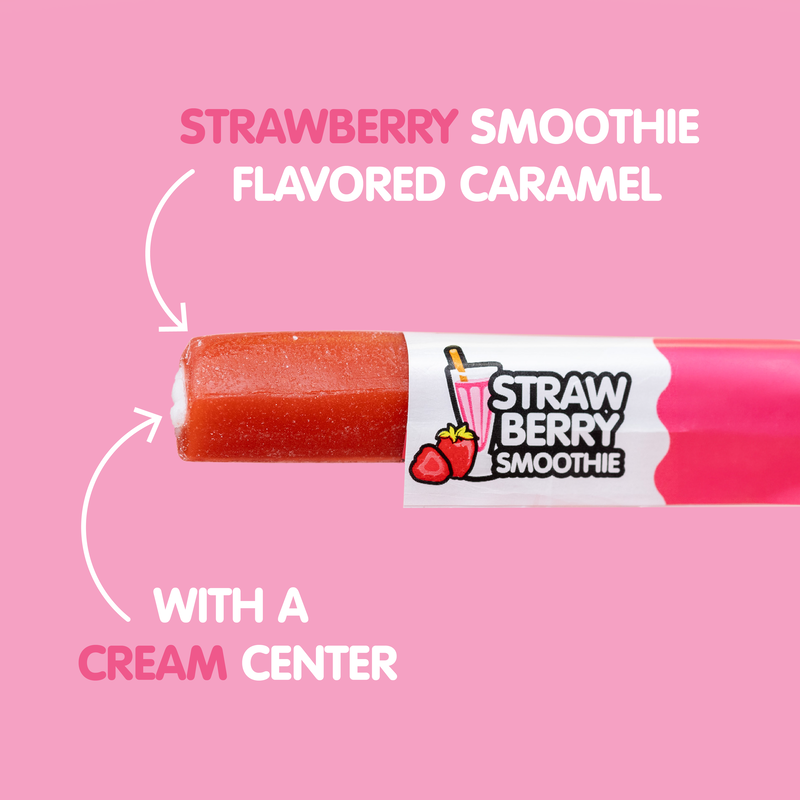 Chewy Strawberry Smoothie Flavored Caramel with a Cream Center.
