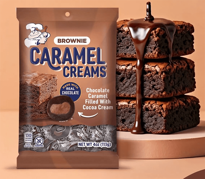 brownies with icing and a bag of Brownie Caramel Creams