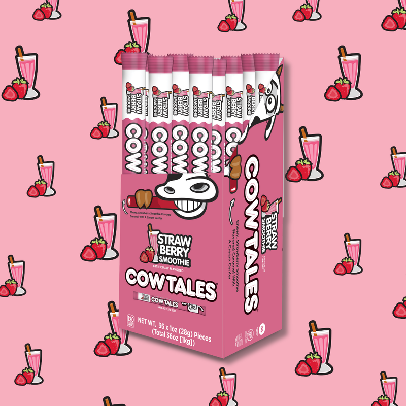 Open 36 oz Strawberry Smoothie Cow Tales Carton with strawberries and milkshakes in the background