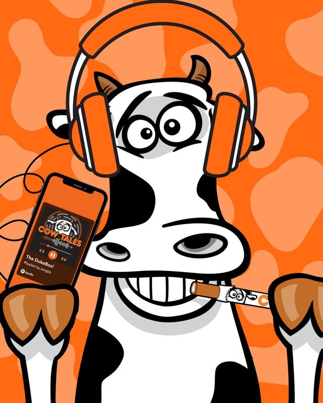 Duke with headphones eating a Cow Tale 