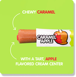 Chewy Caramel with Tart, Apple Flavored Cream Center.