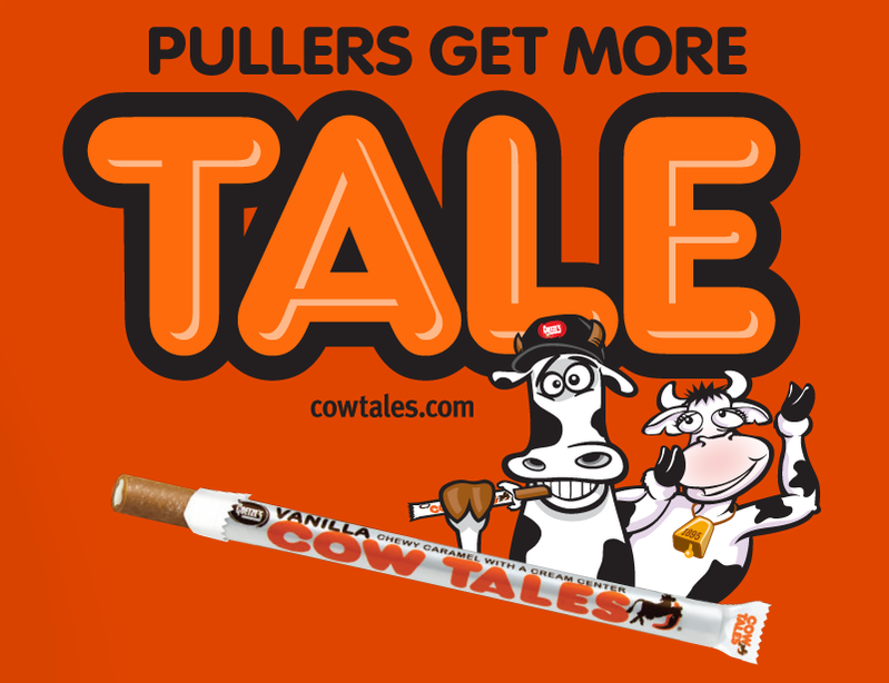 Promotional graphic with the phrase “Pullers Get More Tale,” two cartoon cows, and a Vanilla Cow Tales candy stick.