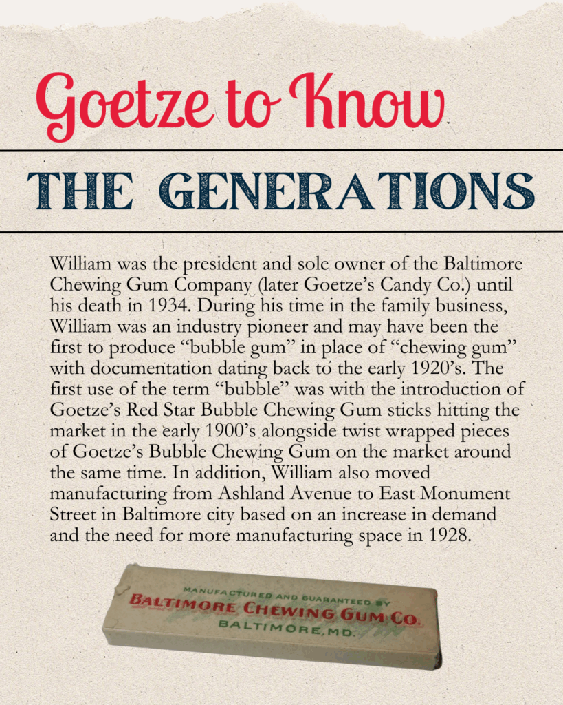 William was the president and sole owner of the Baltimore Chewing Gum Company (later Goetze’s Candy Co.) until his death in 1934. During his time in the family business, William was an industry pioneer and may have been the first to produce “bubble gum” in place of “chewing gum” with documentation dating back to the early 1920’s. The first use of the term “bubble” was with the introduction of Goetze’s Red Star Bubble Chewing Gum sticks hitting the market in the early 1900’s alongside twist wrapped pieces of Goetze’s Bubble Chewing Gum on the market around the same time. In addition, William also moved manufacturing from Ashland Avenue to East Monument Street in Baltimore city based on an increase in demand and the need for more manufacturing space in 1928.