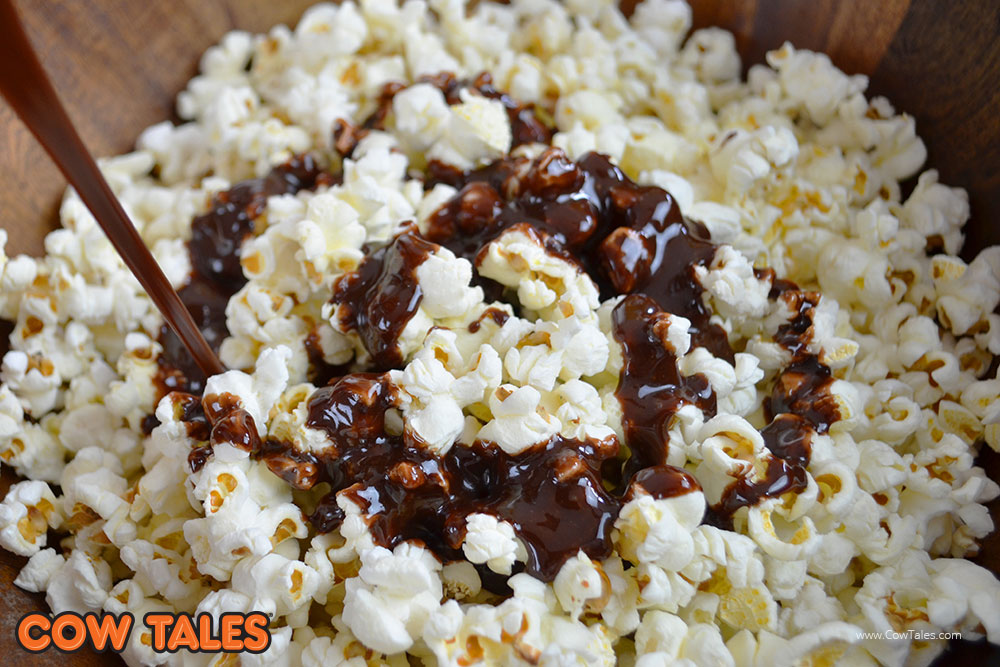 Chocolate poured over popcorn