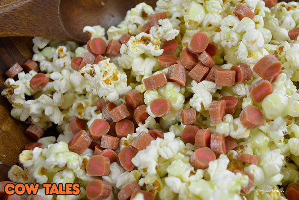 Caramel Apple Cow Tales mixed in with Popcorn