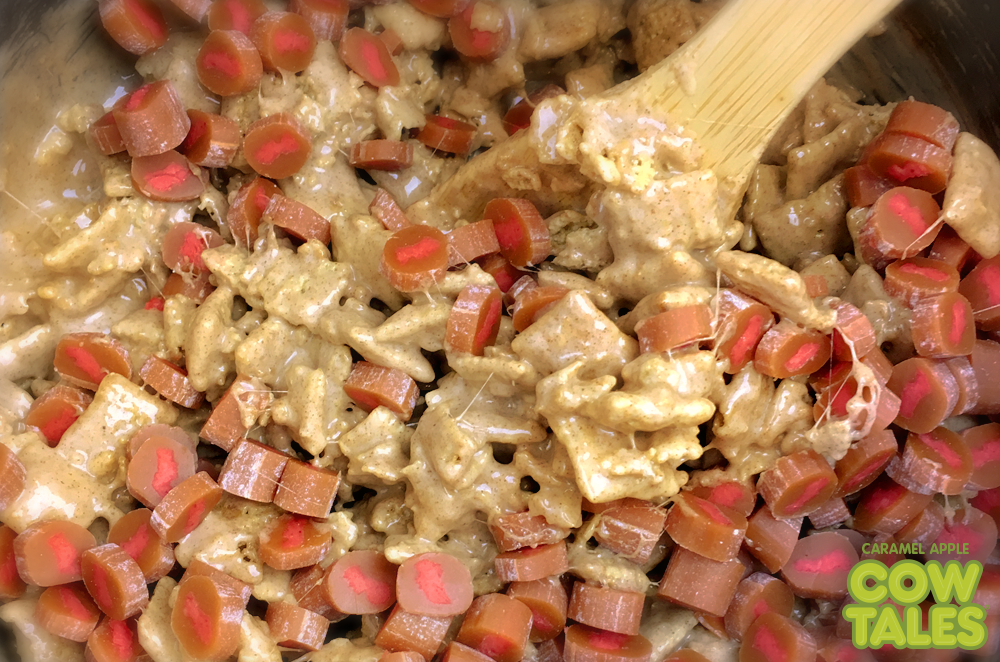 Chopped up Caramel Apple Cow Tales mixed with marshmallows and cinnamon cereal