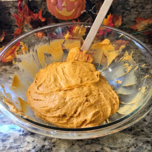 Pumpkin caramel muffins dough in the mixing bowl