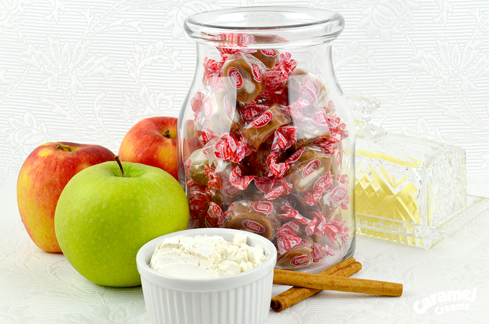 A jar full of caramel creams and other ingredients