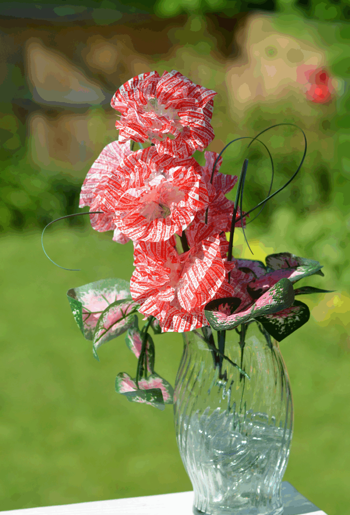 A flower made out of Goetze candy wrappers