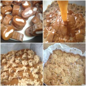 Collage showing step-by-step process of making ooey gooey caramel cookie bars, including mixing, layering, baking, and the finished dessert.
